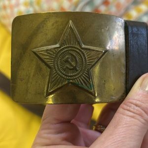 Vintage adjustable Brass buckle Brown leather belt circa 1970’s USSR